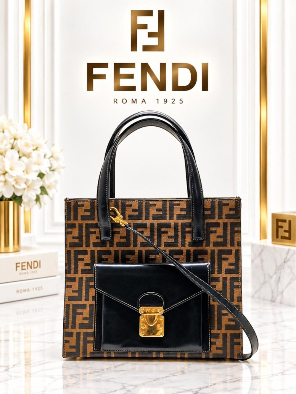 Authentic Fendi Vintage Zucca FF Logo Tote Bag Leather Pocket Shoulder Strap